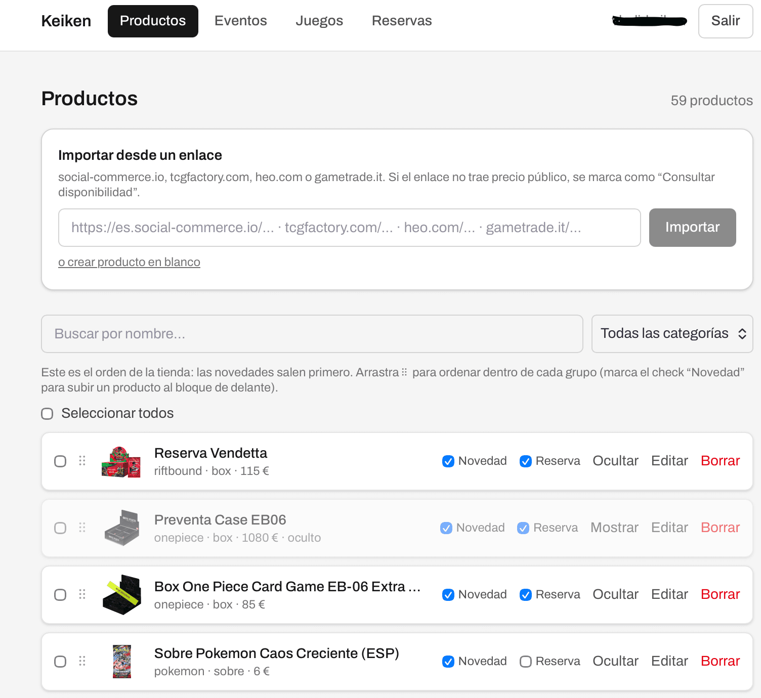 Keiken — Panel de administración de productos con importación desde enlace