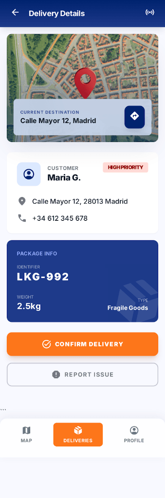 Logistika — Detalle de entrega con info del paquete