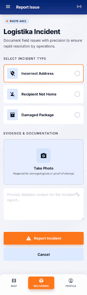 Logistika — Reporte de incidencias en campo