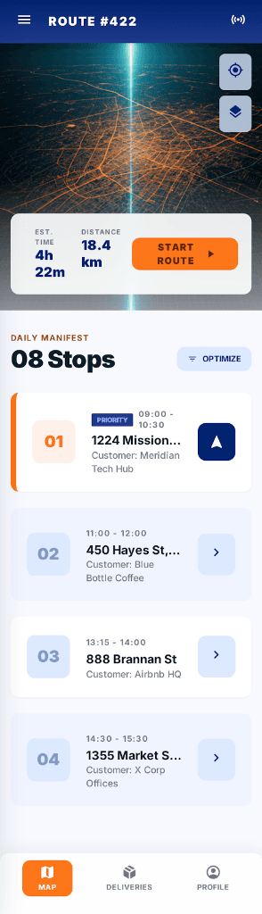 Logistika — Mapa de rutas y manifiesto diario